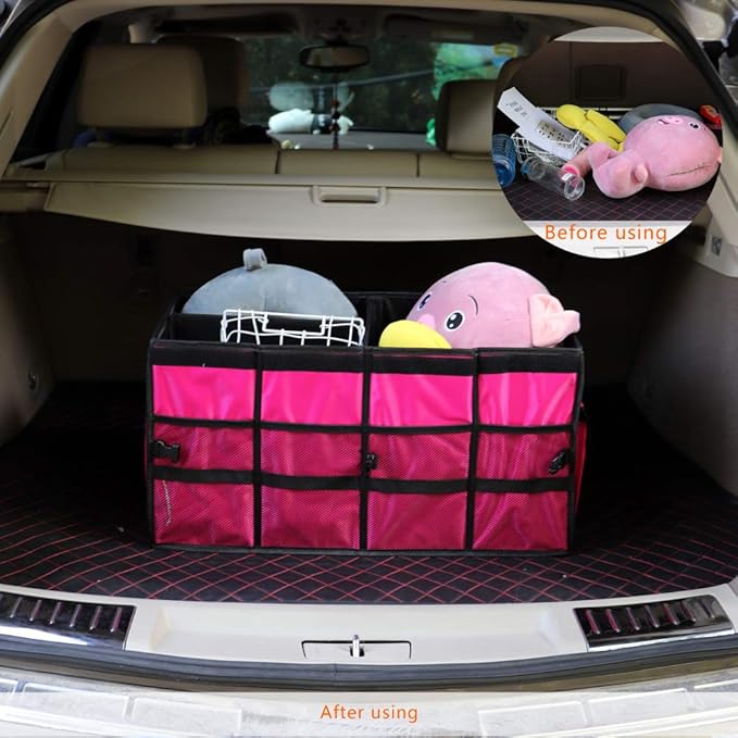 Car Trunk Organizer Collapsible Portable Multi Compartments Organizer with Non Slip Straps for SUV Truck Auto Vehicle Car Auto Minivan(Large without cover, Rose red)