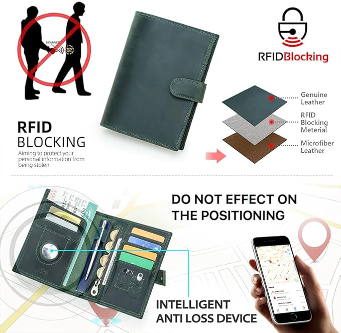 CONTACTS Full Grain Leather Passport Holder Compatible with Airtag Slot RFID Blocking Passport Wallet Travel Slim Passport Cover with SIM Card Removal Tool (Green)