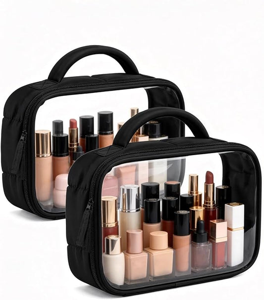 Moyad TSA Approved Clear Toiletry Bag, Quart Size 3-1-1 Liquids Pouch with Soft Handle, Wide Opening Transparent Makeup Organizer for Carry On Travel, Lightweight for Women Men (Black-2pcs)