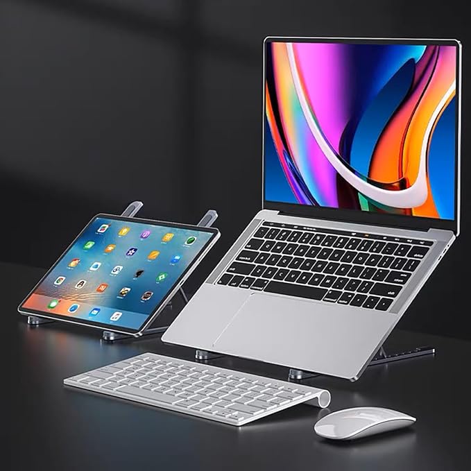 Portable Aluminum Laptop & Phone Stand, Adjustable, Foldable, Ergonomic, for MacBook, iPad, Tablets & Smartphones, Office Desk Accessories
