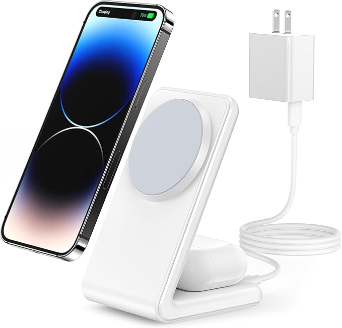 2-in-1 for Magsafe-Compatible Charger Stand with PD 20W USB-C Charger Block & Cable, Fast Charging Wireless Charger Designed for iPhone 17 Pro Max/16/15/14/13/12, AirPods 4/3/Pro 3/Pro 2/Pro, White