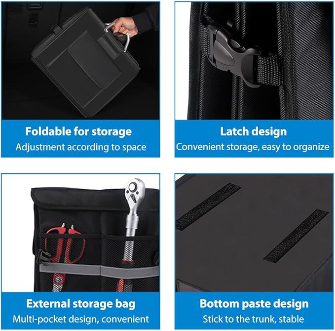 Car Trunk Organizer With Lid, 28L Collapsible Waterproof Oxford Fabric Trunk Organizer with Aluminum Handle, Portable 2-Compartment Cargo Storage Box for SUV, Truck, Sedan (Black)