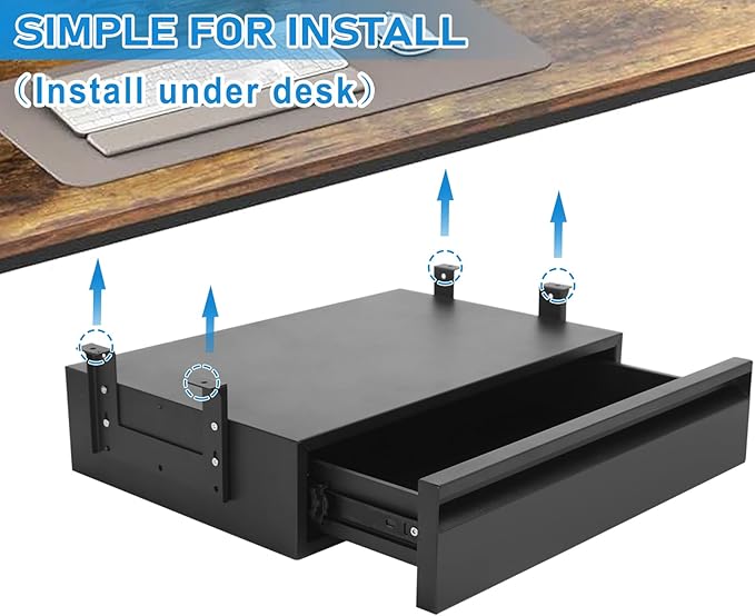 POPMOON Under Desk Drawer For Desk 18 in,Adjustable Height, Pull out Storage Organizer with Slide Extension Mounted Under Flat Wooden Table or Workbench, Carbon Steel Hidden Desk Drawer