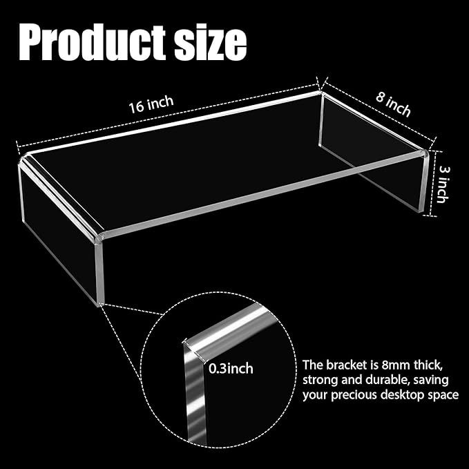 Jetec 2 Pcs Acrylic Monitor Stand Desktop Video Acrylic Monitor Riser Desk Shelf Computer Stand for Laptop TV Computer Screen Desk Organizer Teacher's Day Supplies (Clear, 16 x 8 x 3 Inch)