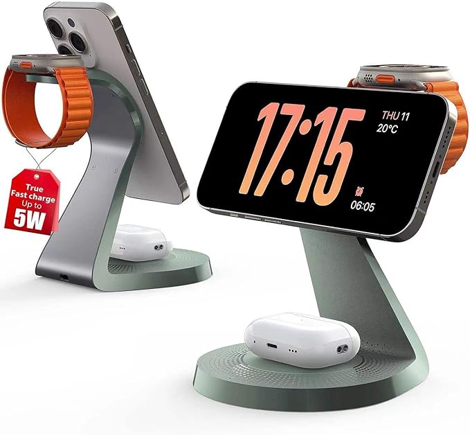 3 in 1 Charging Station for Apple Devices, Mag-Safe Charger Stand Fast Charging, Wireless Charger for iPhone 16/15/14/13/12 Series, & AirPods, & iWatch (USB-C Charger Included)