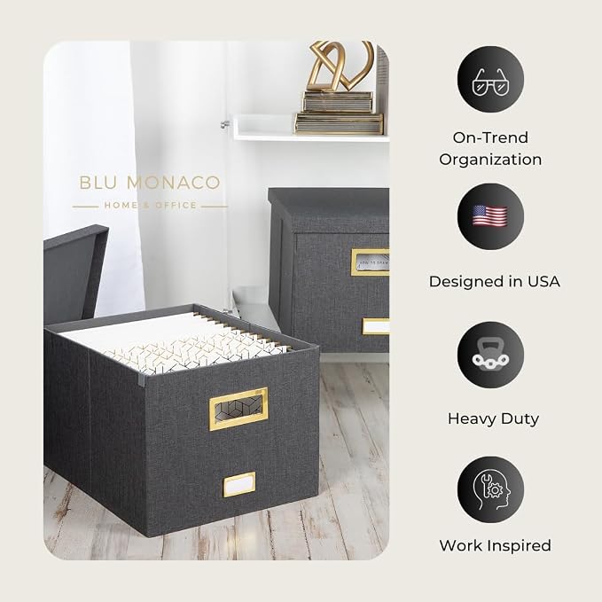 BLU MONACO | Desktop Hanging File Organizer Box with Lid | Hanging File Organizer for Desk in Grey Linen | File Bins with Lids for School and Office Storage