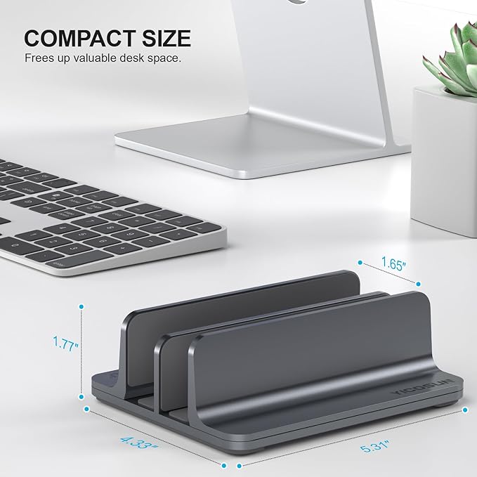 YICOSUN Dual-Slot Aluminum Vertical Laptop Stand for Desk - Adjustable Width Dock for MacBook, Surface, Samsung, HP, Dell up to 17.3 inches - Space-Saving & Protective Design - Gray