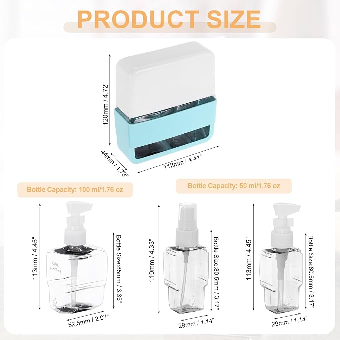 Travel Toiletries Bottles Set, Reusable 3-in-1 Kit Liquid Bottles Containers Leak Proof Spray & Lotion with Labels - Fitting for (Travel/Hotel/Gym/Perfume), 3Pcs & 50/100ml & Blue
