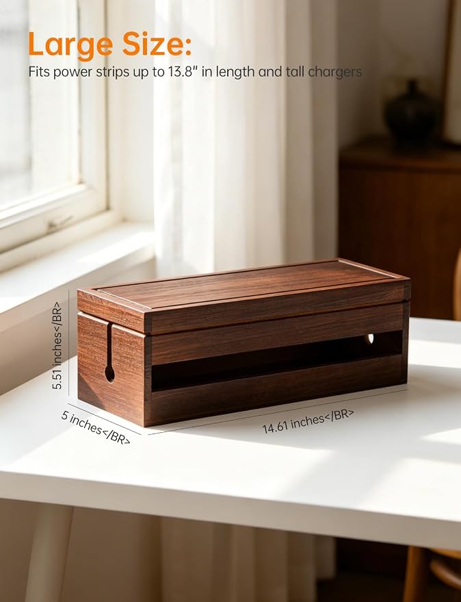Wood Cable Management Box, Wire Organizer & Cable Hider Box with Lid, Power Strip Protector Boxs for Desk, Floor, Home, Office & Extension Leads – Decorative Cord Organizer