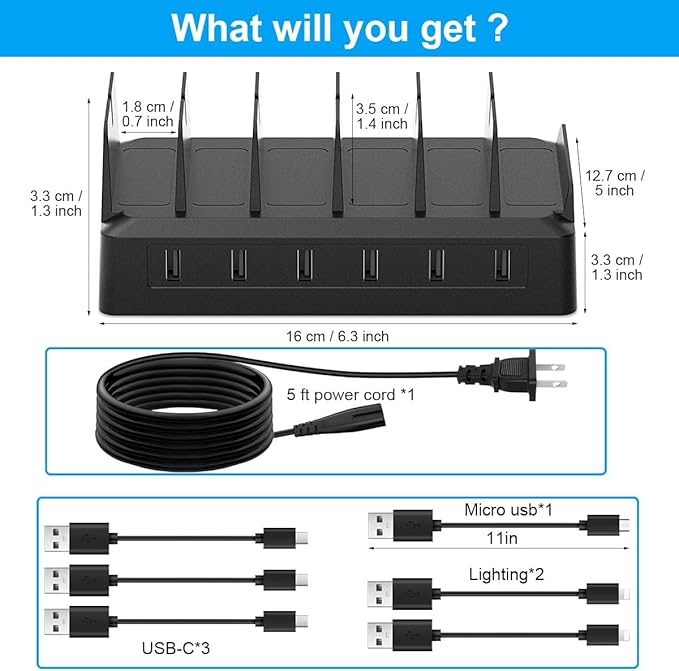 Charging Station for Multiple Devices, 6 Port USB Desktop Charger Dock Compatible with iPad, Samsung, Android, Tablet, Family Multi Phone Charging Organizer with Divider Holders, Fireproof ABS (Black)