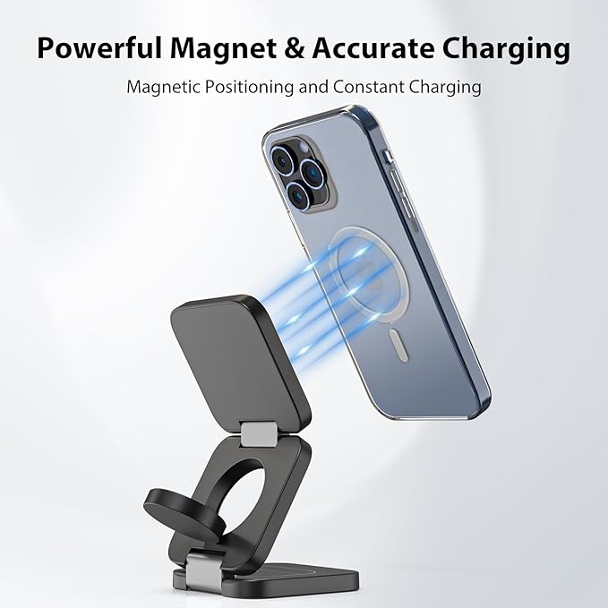 KU XIU Fast Wireless Charger, Magnetic Foldable 3 in 1 Charging Station for iPhone 17/16/15/14/13/12/Pro/Plus/Pro Max, 5W Portable Charger for Apple Watch10/9/8/7/6/5/4/3/SE, for Airpods3/2/Pro-Black