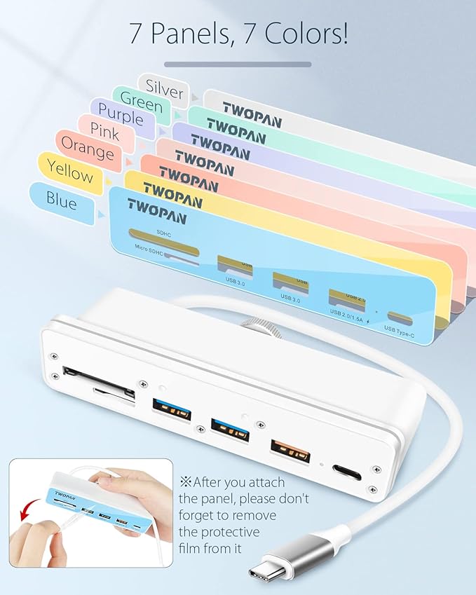 USB C Hub Multiport Adapter for iMac M4/M3/M1, 6 in 1 iMac 2024/2023/2021 USB C Port Hub with USB 3.0 Ports, SD/Micro SD Card Readers & 7 Color Panels