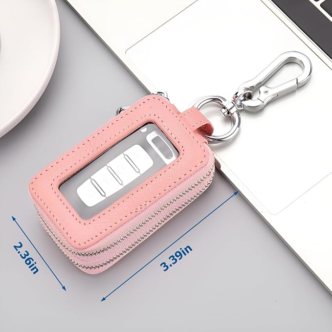 BELOMI Car Key Fob Case, Genuine Leather Remote Keychain Bag with Lanyard and Zipper Closure, Key Protection Cover for Men Women (Pink)