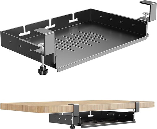 No Drill Under Desk Laptop Mount, Metal Under Desk Storage Shelf with Cable Management, Laptop Storage Tray for MacBook, Keyboard, Mac Mini, Anti-Scratch Silicone, Fits Office, Gaming, Workstations