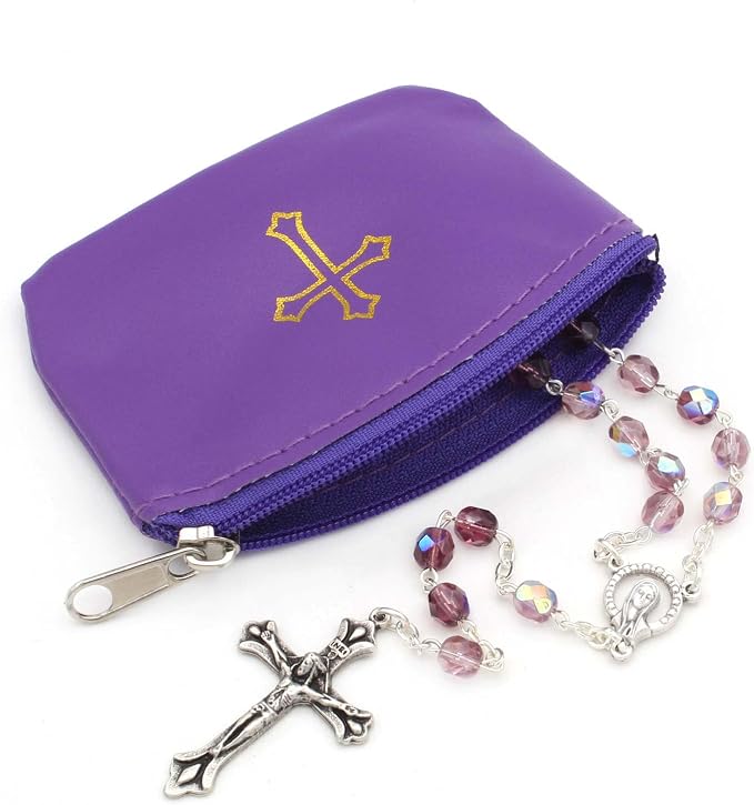 Violet Rosary Pouch with Zipper & Gold St. Thomas Cross Imprint | Compact Leatherette Rosary Case for Small to Medium Rosaries | Protective Travel Rosary Holder for Men & Women