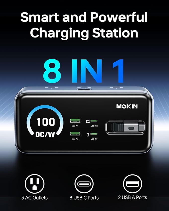 MOKiN 8-in-1 Charging Station 100W GaN, Desktop Charging Station with 3 USB-C, 2 USB-A, 3 AC, 3ft Retractable Cable Charger Station for iPhone 17/16,MacBook Pro, Laptop etc.