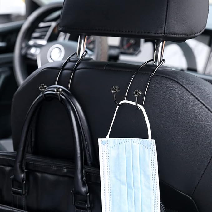 SAVORI Auto Hooks Bling Car Hangers Organizer Seat Headrest Hooks Strong and Durable Backseat Hanger Storage Universal for SUV Truck Vehicle 2 Pack (Black A)