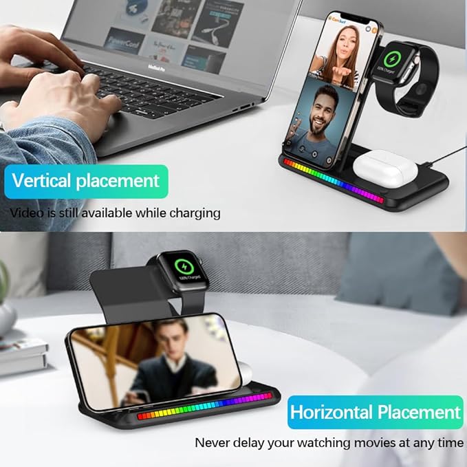 IHAO 3in1 Multifunctional Foldable Wireless Charging Station with LED Ambient Night Light Fast QC3.0 Charger for Phone, iWatch, Headphone Space-Saving Auto-Shutoff & Overcharge Protection-Black