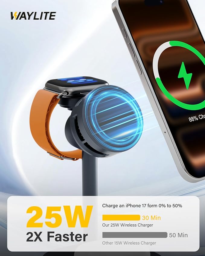25W Fast Wireless Charger Stand for Apple MagSafe Charger, 3 in 1 Charging Station with TEC Cooling, Magnetic Wireless Charger for iPhone17/16/15/14/13/12, Apple Watch, AirPods, Gifts for Men