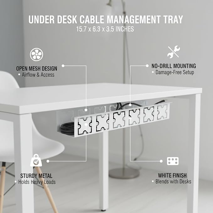Under Desk Cable Management Tray, White Metal Wire Basket for Power Strips & Cords, No-Drill Clamp Mount, 15.7 x 6.3 x 3.5 Inches
