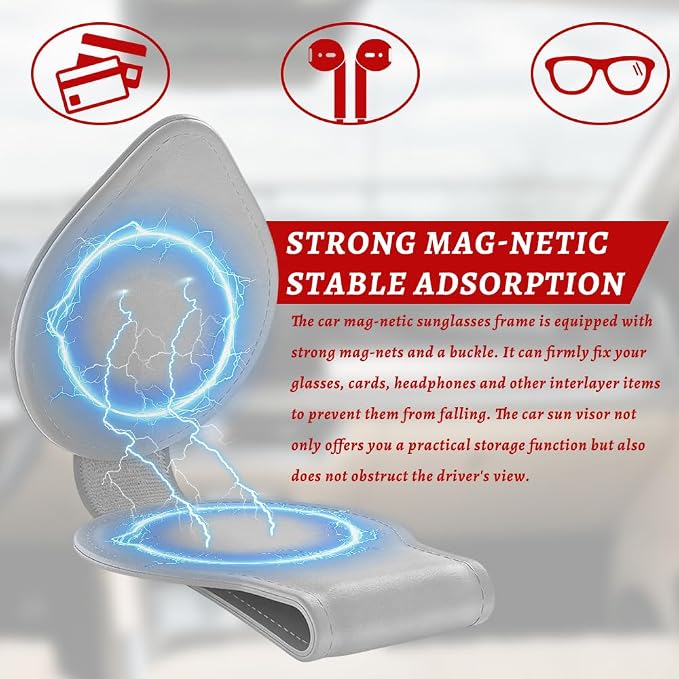 Sunglasses Holders for Car Visor, PU Leather Car Organizer, Magnetic Glasses Holder and Ticket Card Clip, Multi-Functional Auto Sun Visor Eyeglass Holder for Most Vehicles (Grey)