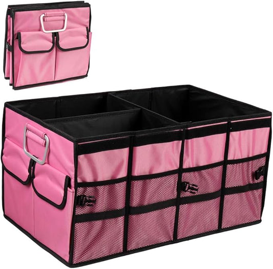 Car Trunk Organizer Collapsible Portable Multi Compartments Organizer with Non Slip Straps for SUV Truck Auto Vehicle Car Auto Minivan (Large without cover, Pink)