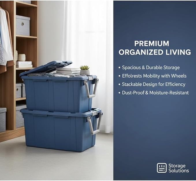 40 Gallon Heavy-Duty Rolling Storage Bins 2-Pack, Blue Industrial Plastic with Pivot Handle, Leakproof Lid & Latches, for Garage Workshop Equipment Transport & Storage