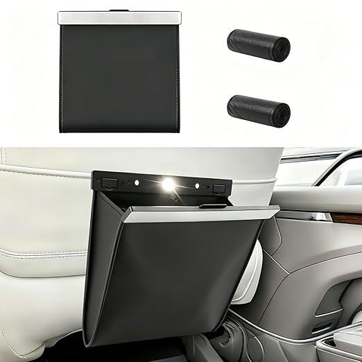 Leather Car Trash Can with Smart LED Light & Magnetic Closure, Hanging Car Trash Bag, Small Car Trash Can, Leak-Proof, Odor-Lock Car Trash Bin for Any Cars, Sedans, SUVs, Trucks, Black