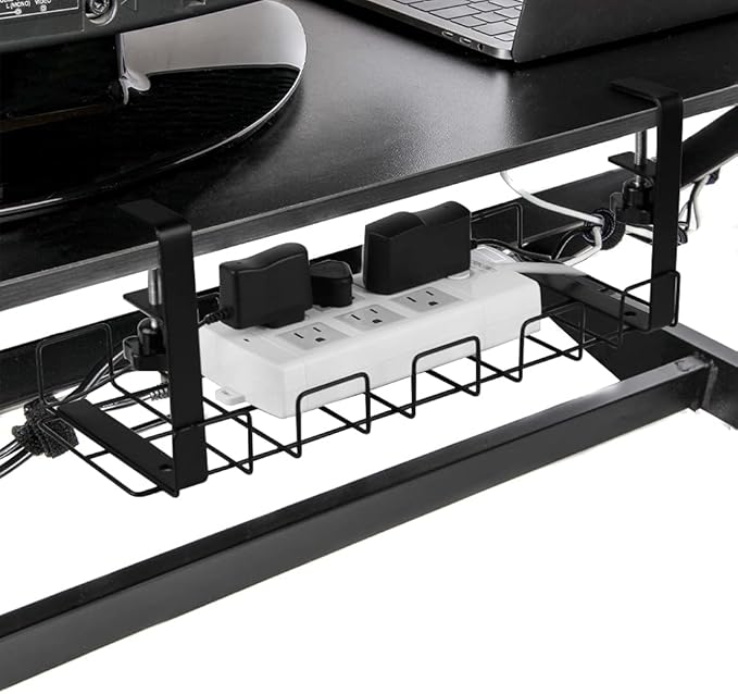 Baskiss Under Desk Cable Management Trays 2 Pack, 16" Clamp Mounted Cord Organizer Holder Wire Organization No Drill Holes Needed for Computer Home Office Standing Tables to Conceal Power Strips