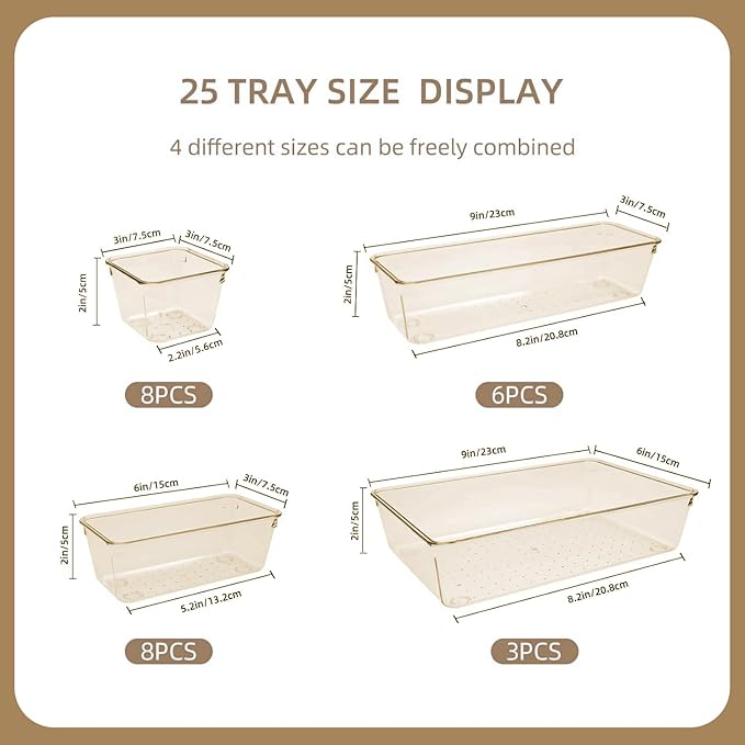 Kitchen Desk Drawer Organizers Storage for Office, Small Acrylic Vanity Trays Makeup Organizer for Drawer Bathroom Plastic Make up Organizers 25 Pcs Clear Champagne