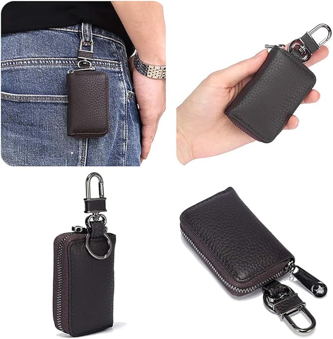 Leather Key Case Holder Auto Key Chain Protector Cover Zipper Bag Remote Fob for Car
