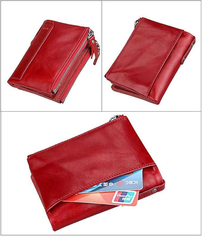 Men's Folding Double Zip Wallet RFID Blocks Retro Short Coin Purse