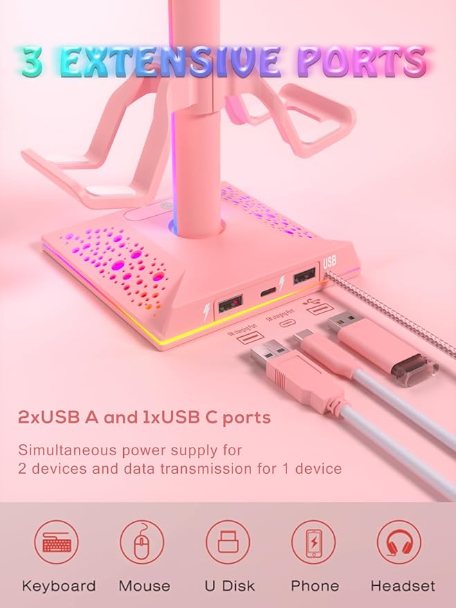 VCOM RGB Gaming Headphones Stand with 2 USB Ports, Pink Headset Stand with 10 Light Modes and Non-Slip Rubber, Suitable for PC Desk Accessories Gamers Gift(Pink)