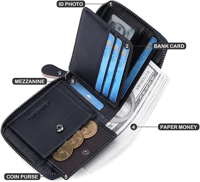 Mens Genuine Leather Zipper Wallet RFID Secure Large Capacity Double Fold Multi-card Leather Wallets for Men and coin purse