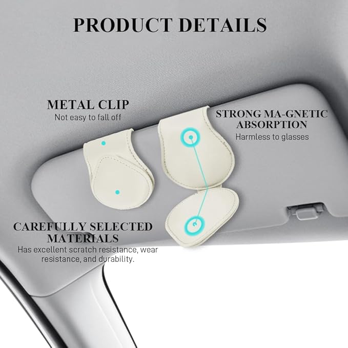 Magnetic Sunglass Holder for Car Visor, Sunglasses Visor Clip, Magnetic Leather Vehicle Glasses Ticket Card Clip, Automotive Eyeglass Hanger Organizer Accessories for Most Vehicles (White)