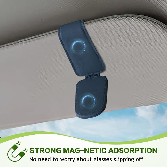 Sunglass Holder for Car, Sunglasses Clip for Car Visor, Magnetic Leather Vehicle Eyeglass Hanger Clip, Auto Ticket Card Glasses Organizer Clamp Accessories for SUV Sedan (Blue)