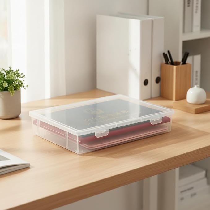 1 Pack Document Storage Box with Lid, Rigid PP Plastic File Organizer for Desktop and Drawer Organization