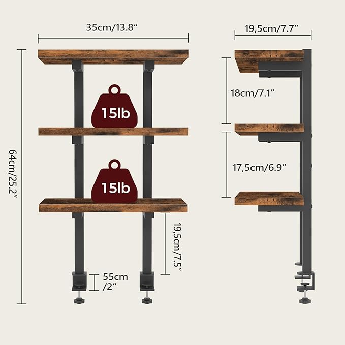MAHANCRIS Clamp On Desk Organizer, 3-Tier Desktop Bookshelf, Adjustable Desk Storage Shelf, Metal Frame, for Office, Study and Game Room, Rustic Brown DSHR3601