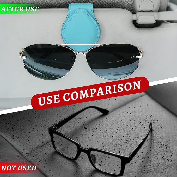 Sunglasses Holders for Car Visor, PU Leather Car Organizer, Magnetic Glasses Holder and Ticket Card Clip, Multi-Functional Auto Sun Visor Eyeglass Holder for Most Vehicles (Blue)