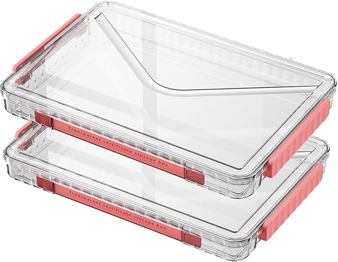 Clear Storage Box with Latch, 2 Pack, Stackable | Clear plastic project case with Red latch. Portable stackable storage for A4 files, scrapbooks, art supplies. Small size.