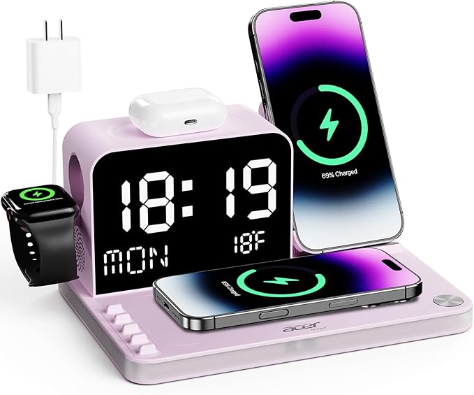 Acer 7-in-1 Wireless Charging Station with LED Clock - 30W Fast Wireless Charger for iPhone 16/15/14/13/12/Pro Max, Apple Watch, AirPods - Bluetooth Auto Time Sync & Night Lights (Purple)