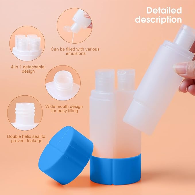 Olatay Travel Bottle, TSA approved 4-in-1 Leak-Proof Bottle, 4 * 60ml/2oz, with 2 Pre-printed Labels for Travel Gym Camping, Carry-On Travel Size Toiletries Shampoo Lotion Bottle for Women Men（Blue)