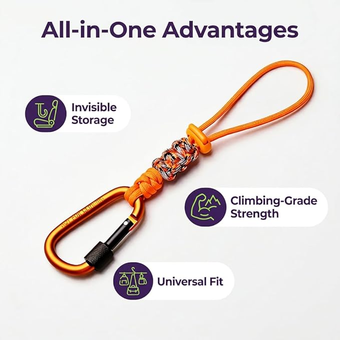 Car Seat Back Hooks 2 Pack - Heavy Duty Rope & Metal Buckle Car Hangers, No Wobble Multi-Purpose Organizer for Grocery Bags, Backpacks, Umbrellas, Trash Bags (Fit Most Vehicles) Orange