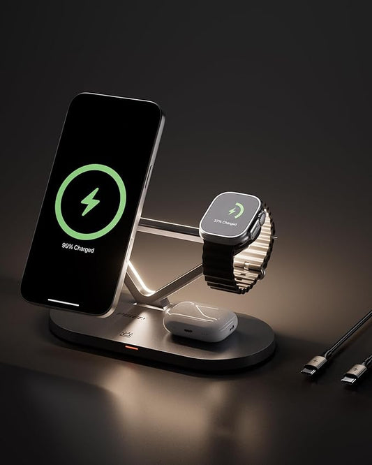 PISEN Mag-Safe Wireless Charger Stand - 3-in-1 Wireless Charging Station, Qi2 Certified 15W Mag-Safe Wireless Charger Stand with Night Light for iPhone 17/16/15/14/13/12 Series, Apple Watch, AirPods