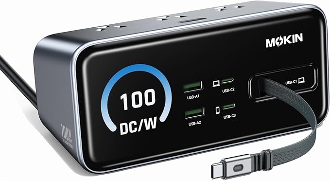 MOKiN 8-in-1 Charging Station 100W GaN, Desktop Charging Station with 3 USB-C, 2 USB-A, 3 AC, 3ft Retractable Cable Charger Station for iPhone 17/16,MacBook Pro, Laptop etc.