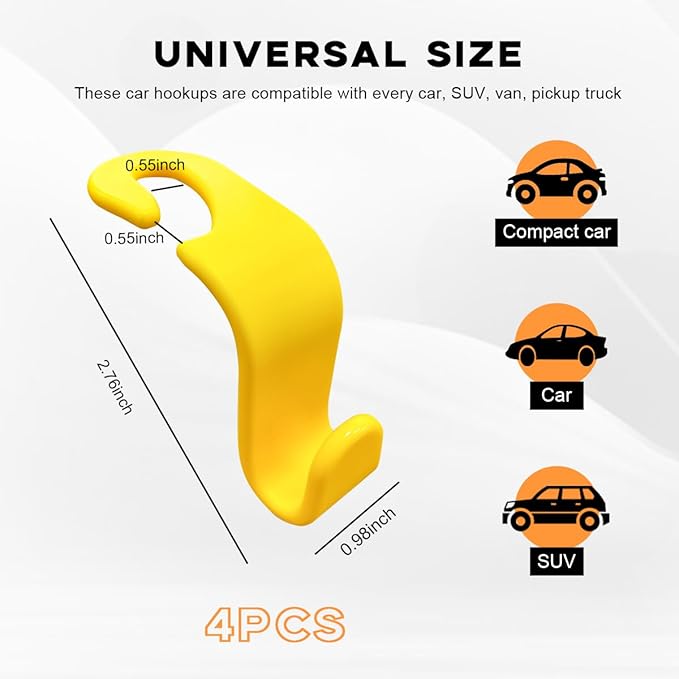povtii 4PCS Car Seat Headrest Hook, Auto Back Seat Hanging Storage Organizer, Vehicle Seatback Hanger Holder for Purse Handbag Coat Umbrella, Universal Interior Car Accessories (Yellow)