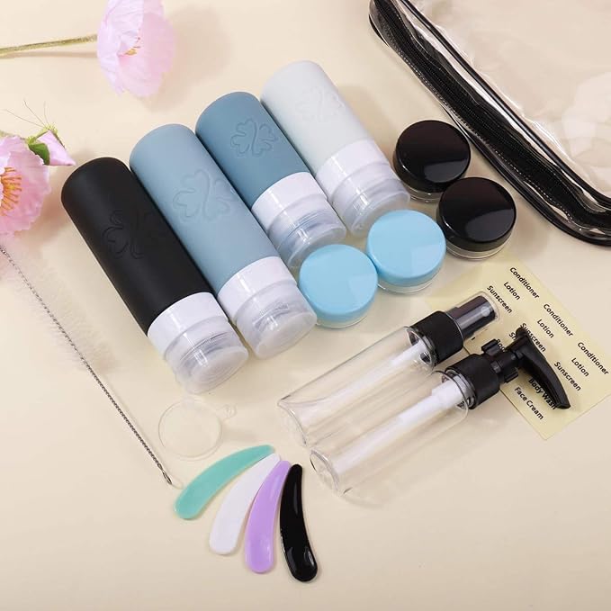 18 Pack TSA Approved Travel Bottles for Toiletries – Leak Proof Silicone Refillable Containers Set with Toiletry Bag, Squeeze Bottles, Spray Bottles & Cream Jars for Shampoo, Conditioner & Lotion
