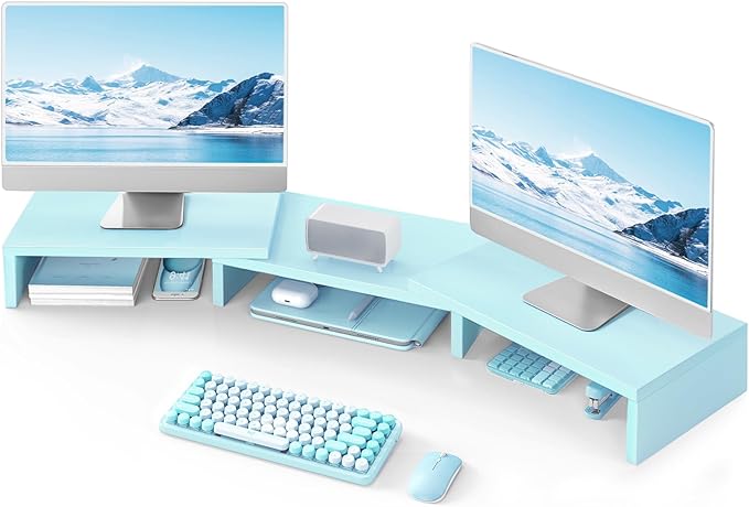 TAVR Dual Monitor Stand Riser Office Desktop Organizer Stand for 2 Monitors, Adjustable Length and Angle 3 Shelf, Extra Long Multifunctional Stand up to 43.3" fit Computer, Laptop, TV, Blue