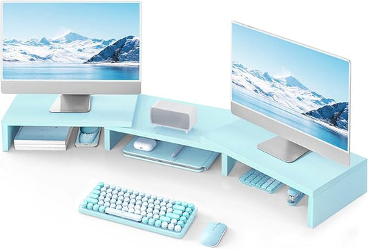 TAVR Dual Monitor Stand Riser Office Desktop Organizer Stand for 2 Monitors, Adjustable Length and Angle 3 Shelf, Extra Long Multifunctional Stand up to 43.3" fit Computer, Laptop, TV, Blue