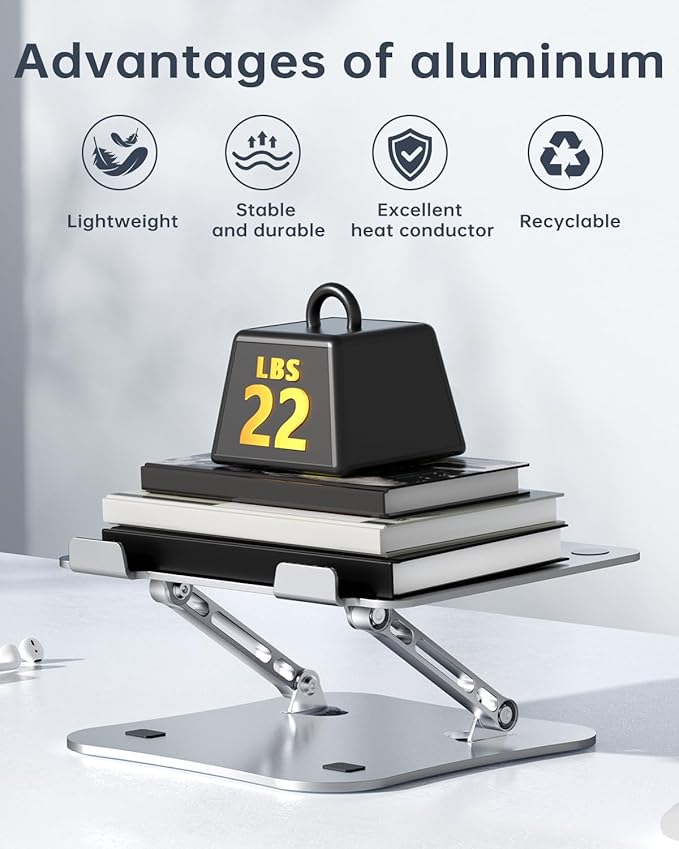 H&C(hcck&Cllassp) Aluminum Laptop Stand for Desk, Foldable and Portable Laptop Riser, Adjustable Notebook Stand, Ventilated Cooling Bracket, Ergonomic Computer Stand for 11-17 inch Notebooks, Silver